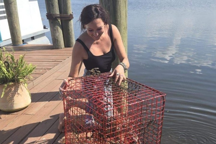 a woman sitting at a table in front of water